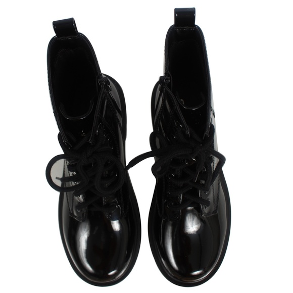 Black Faux Patent Leather Combat Lace Up Ankle Boo - Picture 4 of 6